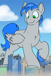 Size: 1200x1800 | Tagged: safe, artist:goat train, oc, oc:record melodie, pegasus, pony, city, commission, destruction, giant pony, hooves, looking down, macro, male, manehattan, scenery, smiling, solo