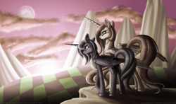 Size: 1024x601 | Tagged: safe, artist:inuhoshi-to-darkpen, princess celestia, princess luna, alicorn, pony, moon, mountain, s1 luna