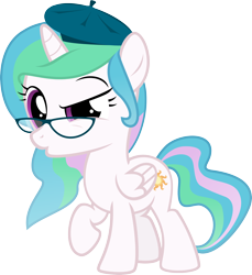 Size: 3630x3966 | Tagged: safe, artist:crimsonlynx97, princess celestia, alicorn, pony, cewestia, cute, duckface, female, filly, glasses, hat, hipster, looking at you, raised eyebrow, raised hoof, simple background, solo, transparent background, vector