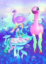 Size: 757x1056 | Tagged: safe, artist:vitafluttershy, princess celestia, alicorn, ostrich, pony, clothes, glasses, head tilt, high heels, missing accessory, mushroom, prone, socks, sunglasses, thigh highs, wat