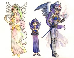 Size: 831x653 | Tagged: safe, artist:gambitgurlisis, nightmare moon, princess celestia, princess luna, humanized, s1 luna, simple background, traditional art, winged humanization