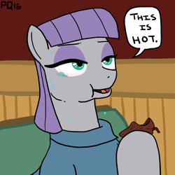 Size: 3000x3000 | Tagged: safe, artist:pony quarantine, maud pie, booth, chewing, clothes, crying, eating, food, hot pepper, pepper, reaction image, spicy, sweat, teary eyes