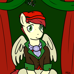 Size: 3600x3600 | Tagged: safe, artist:pony quarantine, care package, special delivery, pegasus, pony, christmas, clothes, colored, festive, hat, hearth's warming, mistletoe, sitting, smiling, solo, vest, wings