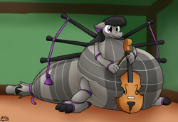 Size: 2746x1892 | Tagged: safe, artist:the-furry-railfan, octavia melody, dragon, original species, bagpipe dragon, bagpipes, belly, bow (instrument), cello, cello bow, dragonified, impossibly large belly, indoors, inflation, musical instrument, sitting, species swap, squishy, story included, surprised, tartan, transformation