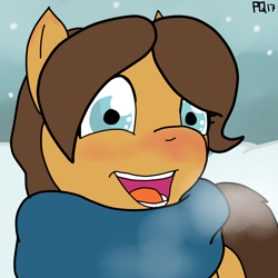 Size: 3000x3000 | Tagged: safe, artist:pony quarantine, oc, oc only, oc:morning glory, oc:rentalove, earth pony, pony, breath, clothes, female, looking at you, mare, open mouth, scarf, smiling, snow, snowfall, solo, visible breath