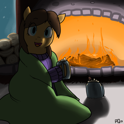 Size: 3000x3000 | Tagged: safe, artist:pony quarantine, oc, oc only, oc:morning glory, oc:rentalove, earth pony, pony, blanket, chocolate, clothes, female, fire, fireplace, food, hot chocolate, looking at you, mare, mug, rug, sitting, solo, sweater, wafer