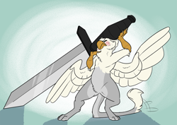 Size: 1745x1234 | Tagged: safe, artist:stupidshepherd, oc, oc only, oc:der, griffon, dagger, lifting, male, micro, solo, sweat, weapon