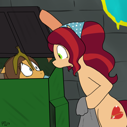 Size: 3000x3000 | Tagged: safe, artist:pony quarantine, oc, oc only, oc:dream sweeper, oc:morning glory, oc:rentalove, earth pony, pony, banana, banana peel, bandana, cleaning, dumpster, duo, female, food, garbage bin, homeless, looking at each other, mare, shrunken pupils, surprised, trash, two toned mane, wide eyes