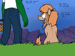 Size: 2400x1800 | Tagged: safe, artist:pony quarantine, oc, oc only, oc:anon, oc:thingpone, earth pony, human, pony, basket, body horror, clothes, dialogue, duo, eldritch abomination, female, grass, looking up, male, mare, pants, shirt, text