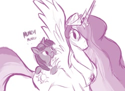 Size: 722x526 | Tagged: safe, artist:herny, princess celestia, twilight sparkle, alicorn, pony, unicorn, butt touch, eating, female, filly twilight sparkle, hoof on butt, mare, monochrome, nom, sketch