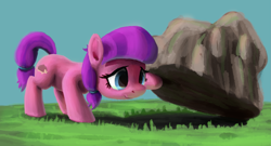 Size: 2817x1521 | Tagged: safe, artist:odooee, lily longsocks, earth pony, pony, crusaders of the lost mark, female, filly, rock, solo, solo female, super strength