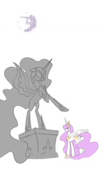 Size: 900x1490 | Tagged: safe, artist:twilite-sparkleplz, nightmare moon, princess celestia, alicorn, pony, feels, mare in the moon, moon, sad, statue