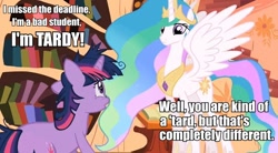 Size: 844x466 | Tagged: safe, edit, edited screencap, screencap, princess celestia, twilight sparkle, alicorn, pony, caption, tardy