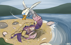 Size: 1429x900 | Tagged: safe, artist:scruffasus, oc, oc only, oc:der, crab, griffon, beach, crab battle, fight, micro, water