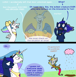 Size: 640x650 | Tagged: safe, artist:haretrinity, discord, princess celestia, princess luna, alicorn, pony, chocolate rain, comic, insanity, truth