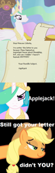 Size: 500x1567 | Tagged: safe, applejack, princess celestia, alicorn, earth pony, pony, troll, comic, letter