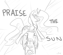 Size: 1280x1120 | Tagged: safe, princess celestia, alicorn, pony, crossover, dark souls, grayscale, monochrome, praise the sun, solaire of astora