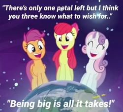 Size: 1024x929 | Tagged: safe, edit, edited screencap, screencap, apple bloom, scootaloo, sweetie belle, pony, growing up is hard to do, being big is all it takes, cropped, giant pony, macro, older, older apple bloom, older cmc, older scootaloo, older sweetie belle, pony bigger than a planet