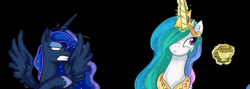 Size: 2104x747 | Tagged: safe, artist:crystal-secret, princess celestia, princess luna, alicorn, pony, drink, magic, simple background, tea