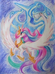 Size: 605x816 | Tagged: safe, artist:misschang, princess celestia, princess luna, alicorn, pony, female, horn, mare, multicolored mane, solo, traditional art, white coat