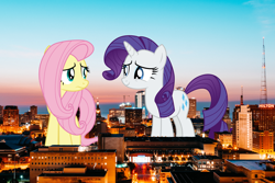 Size: 5605x3737 | Tagged: safe, artist:cloudyglow, fluttershy, rarity, pegasus, pony, unicorn, female, giant pony, giantess, highrise ponies, irl, macro, mare, milwaukee, photo, ponies in real life, wisconsin