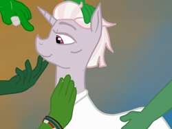 Size: 2400x1800 | Tagged: safe, artist:pony quarantine, zesty gourmand, oc, oc:anon, human, pony, unicorn, bracelet, clothes, coat, hand, human on pony petting, jewelry, petting