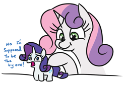 Size: 687x471 | Tagged: safe, artist:jargon scott, rarity, sweetie belle, pony, unicorn, growing up is hard to do, :t, adorable distress, being big is all it takes, butt touch, cute, dialogue, duo, female, frown, hoof on butt, mare, micro, no pupils, open mouth, role reversal, siblings, simple background, sisters, smol, text, tiny, tiny ponies, white background, wide eyes