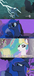 Size: 500x1113 | Tagged: safe, edit, edited screencap, screencap, princess celestia, princess luna, trixie, alicorn, pony, luna eclipsed, magic duel, the crystal empire, alicorn amulet, bipedal, bitchlestia, comic, floppy ears, hub logo, lightning, pouting, screencap comic, that's my x