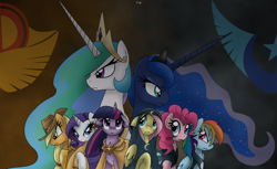 Size: 1832x1122 | Tagged: safe, artist:faith-wolff, applejack, fluttershy, pinkie pie, princess celestia, princess luna, rainbow dash, rarity, twilight sparkle, alicorn, earth pony, pegasus, pony, unicorn, cape, civil war, clothes, emblem, equestrian civil war, hoodie, mane six, new lunar republic, scar, solar empire