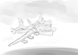 Size: 1422x1000 | Tagged: safe, artist:scootiebloom, oc, oc only, original species, plane pony, pony, antonov 225, buran, cute, monochrome, plane