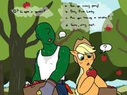 Size: 2400x1800 | Tagged: safe, artist:pony quarantine, color edit, edit, applejack, oc, oc:anon, earth pony, pony, ..., 4chan, apple, apple tree, bucket, clothes, colored, cowboy hat, drawthread, eyes on the prize, food, gender, gloves, hat, hoof hold, jeans, pants, question, question mark, speech bubble, stetson, sweat, tanktop, tree