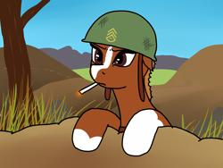 Size: 2400x1800 | Tagged: safe, artist:pony quarantine, sergeant reckless, earth pony, pony, 4chan, cigarette, drawthread, grass, military, ponified, solo, warpone