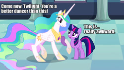 Size: 1280x720 | Tagged: safe, edit, edited screencap, screencap, princess celestia, twilight sparkle, alicorn, pony, a canterlot wedding, caption, dancing, female, lesbian, out of context, shipping, text, twilestia