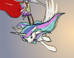 Size: 512x400 | Tagged: safe, artist:untiltheballoons, princess celestia, spike, alicorn, dragon, pony, beefspike, flying, gritted teeth, older, older spike, reins, sword