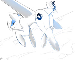 Size: 1280x1024 | Tagged: safe, artist:cold-blooded-twilight, oc, oc only, original species, plane pony, pony, cloud, cloudy, flying, monochrome, plane, plot, propeller, sky, smiling, solo, underhoof, wings