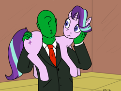 Size: 2400x1800 | Tagged: safe, artist:pony quarantine, starlight glimmer, oc, oc:anon, human, pony, unicorn, button, clothes, female, hand on butt, hand on face, human male, kissy face, male, mare, necktie, shirt, simple background, suit