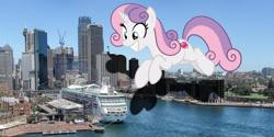 Size: 2500x1250 | Tagged: safe, artist:sebaslovetwilight, artist:theotterpony, sweetie belle, pony, australia, city, cruise ship, giant pony, highrise ponies, irl, macro, older, older sweetie belle, photo, ponies in real life, shadow, story in the source, story included, sydney