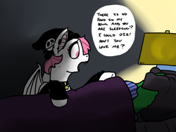 Size: 2400x1800 | Tagged: safe, artist:pony quarantine, oc, oc only, oc:anon, bat pony, pony, 4chan, bed, blanket, collar, dialogue, drawthread, eyeliner, eyeshadow, furniture, hat, hot topic, lamp, lipstick, makeup, pet, piercing, pillow, pink hair, pony pet, sleeping, speech bubble, squeak