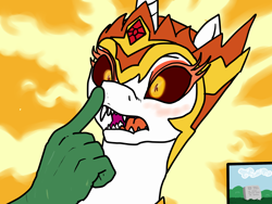 Size: 2400x1800 | Tagged: safe, artist:pony quarantine, daybreaker, oc, oc:anon, alicorn, human, pony, a royal problem, 4chan, blushing, boop, crown, cute, dead, diabreaker, drawthread, epitaph, fangs, featured image, fire, grass, grave, gravestone, hand, implied death, implied murder, jewel, jewelry, noseboop, open mouth, regalia, scar, suprised look, teeth, this ended in death, this will end in death, this will end in tears and/or death