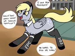 Size: 800x600 | Tagged: safe, artist:pony quarantine, derpy hooves, pony, clothes, cute, eps uniform, grammar error, hat, innuendo, mailmare, open mouth, smiling, solo, uniform