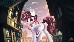 Size: 3200x1800 | Tagged: safe, artist:muggod, fluttershy, pinkie pie, rarity, oc, oc:evening skies, earth pony, pegasus, pony, unicorn, ass, backwards cutie mark, butt, cloud, colored pupils, cute, easter egg, female, floppy ears, giant pony, giantess, group, house, jewelry, looking at each other, macro, mare, mouth hold, multicolored hair, necklace, open mouth, outdoors, playing, ponyville, raised hoof, sitting, sky, smiling, tail, tail pull, tail wrap, underhoof