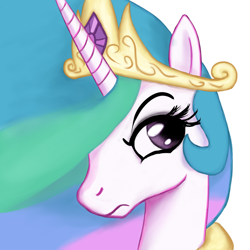 Size: 1000x1000 | Tagged: safe, artist:tunskaa, princess celestia, alicorn, pony, bust, frown, hair over one eye, portrait, raised eyebrow, solo, unamused