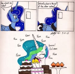 Size: 1557x1536 | Tagged: safe, artist:newyorkx3, princess celestia, princess luna, alicorn, pony, cake, cakelestia, comic, dialogue, traditional art