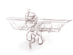 Size: 1308x1000 | Tagged: artist needed, safe, artist:scootiebloom, oc, oc only, original species, plane pony, pony, clothes, monochrome, plane, solo, uniform