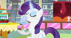 Size: 1607x868 | Tagged: safe, artist:hereward, rarity, sweetie belle, pony, unicorn, 1000 hours in ms paint, cake, collage, food, inside mouth, micro, shrunk, sugarcube corner, unaware vore