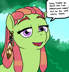 Size: 1216x1275 | Tagged: safe, artist:pony quarantine, tree hugger, oc, oc:anon, earth pony, pony, 4chan, bust, dialogue, ear piercing, earring, female, hippie, jewelry, lidded eyes, mare, piercing, purple eyes, solo