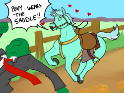 Size: 1200x900 | Tagged: safe, artist:pony quarantine, lyra heartstrings, oc, oc:anon, horse, human, unicorn, clothes, do not want, female, fence, flehmen response, floating heart, galloping, grass, heart, heart eyes, hoers, horses doing horse things, humie, lyra doing lyra things, male, mare, necktie, nope, pony wears the saddle, running, saddle, shirt, speech bubble, suit, tack, text, wingding eyes