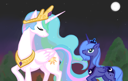 Size: 1500x960 | Tagged: safe, artist:c.c, princess celestia, princess luna, alicorn, pony, moon, night, pixiv, s1 luna