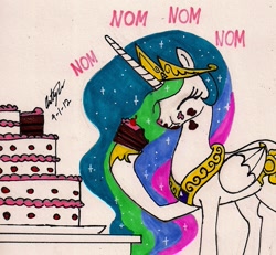 Size: 1065x986 | Tagged: safe, artist:newyorkx3, princess celestia, alicorn, pony, cake, cakelestia, cute, cutelestia, nom, solo, traditional art