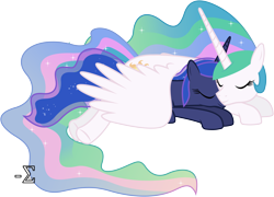 Size: 8810x6330 | Tagged: safe, artist:90sigma, princess celestia, princess luna, alicorn, pony, absurd resolution, cute, royal sisters, simple background, sleeping, snuggling, transparent background, vector, wing blanket, winghug